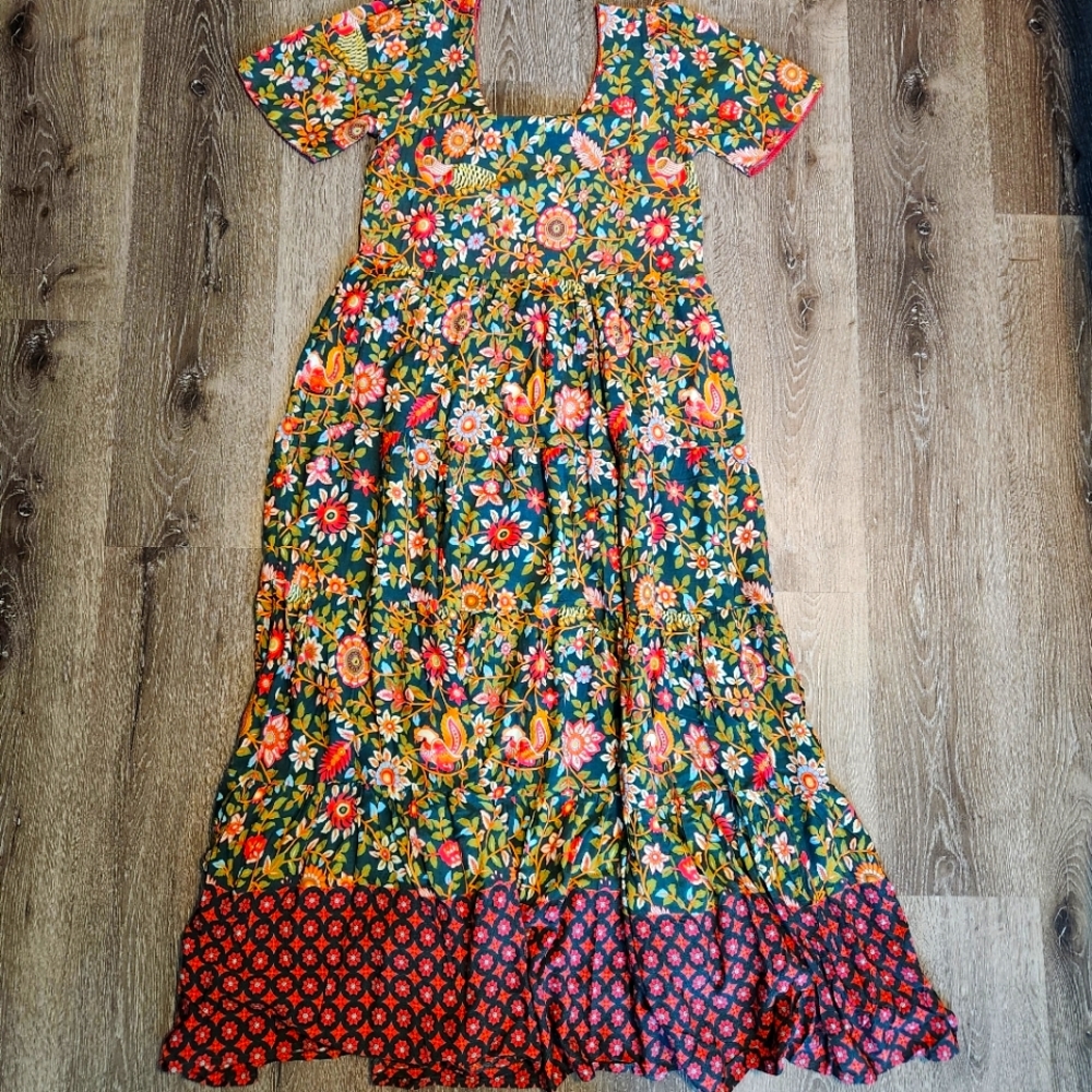 NATURAL LIFE Green Floral Maxi Dress with Red Hem Accents